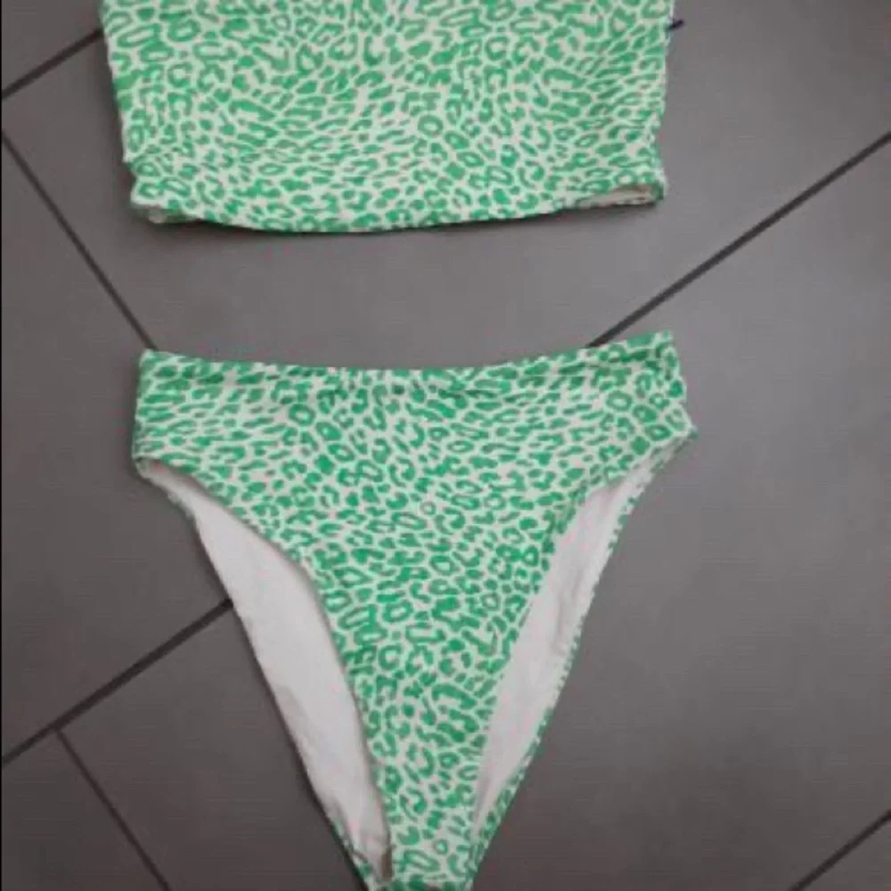 Frankie's Bikinis Green and White Leopard Print Bandeau Bikini